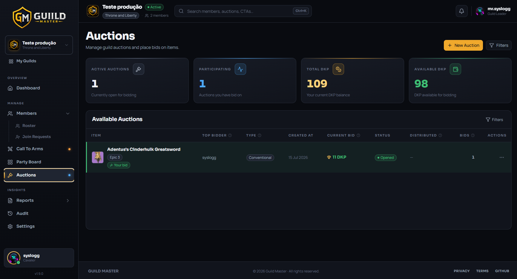 Auctions screen